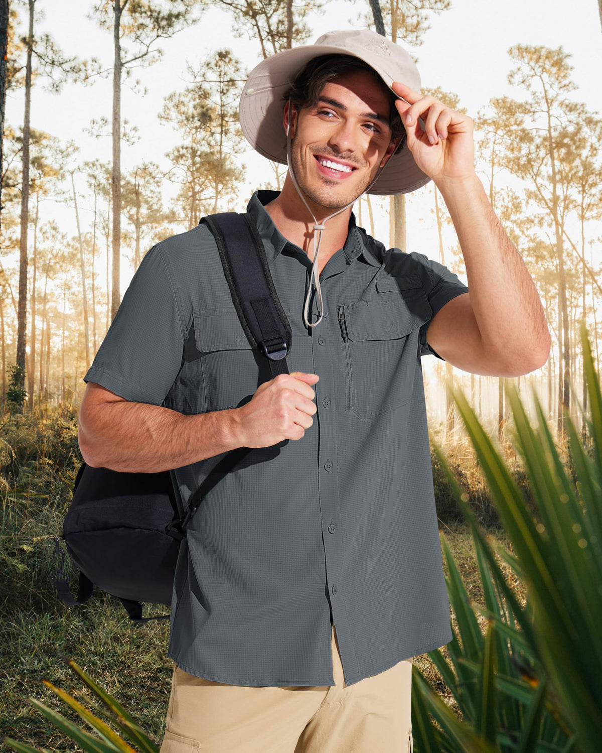 MAGCOMSEN Sun Shirts for Men Short Sleeve SPF Performance Fishing Shirts Dry Fit Light Weight Button Up Work Shirts Dark Grey L