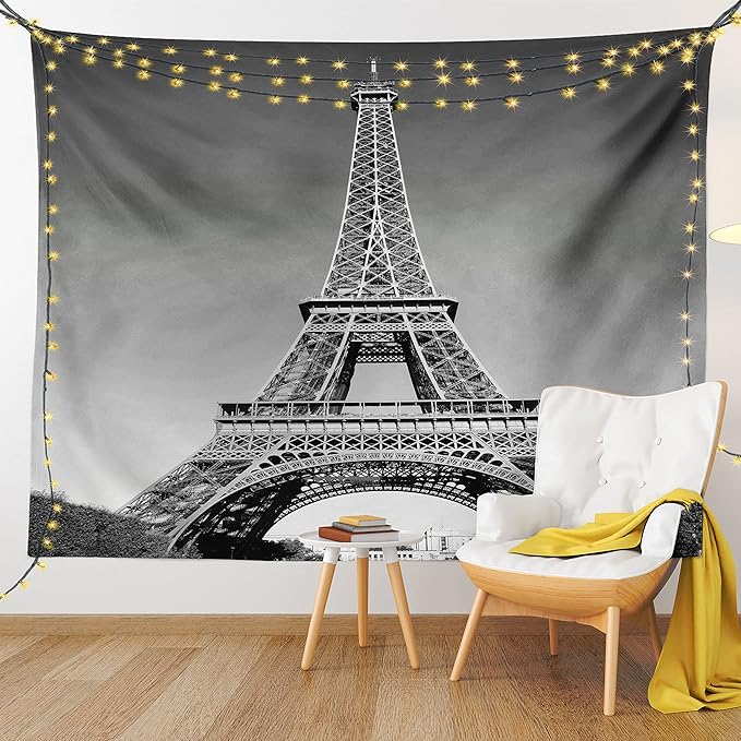 Ambesonne Eiffel Tower Tapestry King Size, Paris Landmark Monochrome Picture of Cityscape European Urban Famous Place Image, Wall Hanging Bedspread Bed Cover Wall Decor, 104" X 88", Grey
