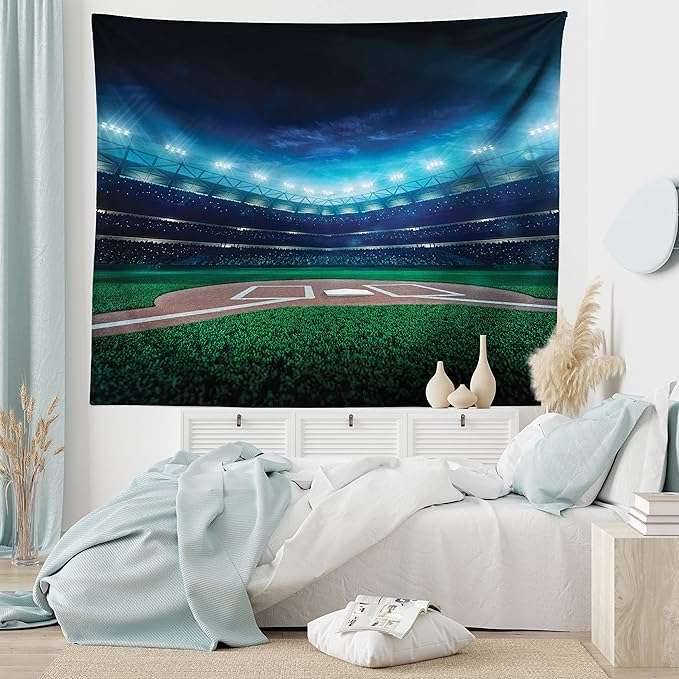 Ambesonne Baseball Tapestry, Professional Baseball Field at Night Vibrant Playground Stadium League Theme Print, Wide Wall Hanging for Bedroom Living Room Dorm, 80" X 60", Blue Green