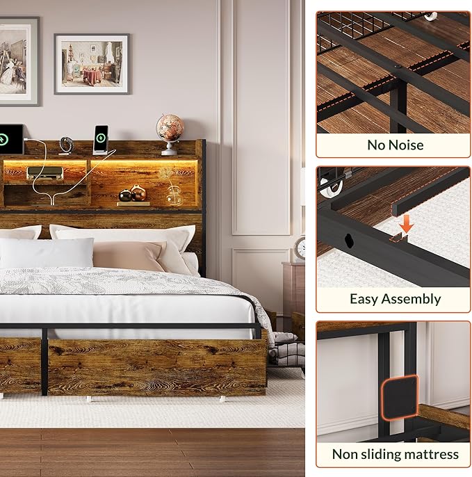 LARMACE King Size Bed Frame with 6 Storage Drawers and Headboard Wooden Platform Bed Frame with LED Lights and Charging Station Easy Assembly/No Box Spring Needed/Vintage Brown