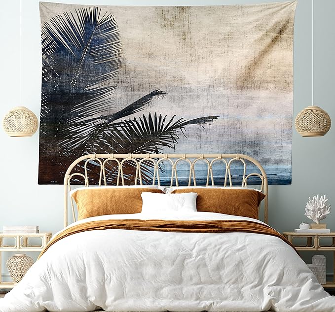 Ambesonne Hawaiian Tapestry King Size, Palm Tree Leaves on Grunge Background with Sea Vintage Waterscape Illustration, Wall Hanging Bedspread Bed Cover Wall Decor, 104" X 88", Beige Indigo