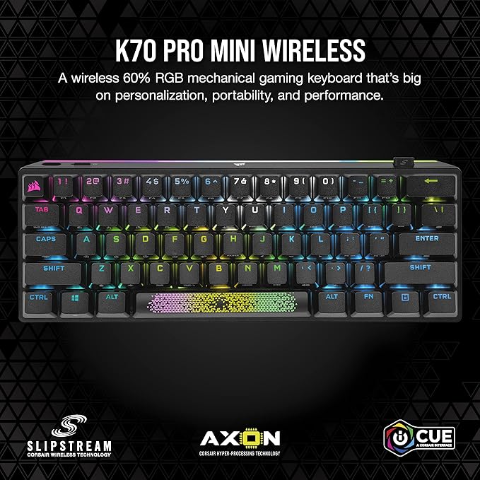Corsair K70 PRO Mini Wireless RGB 60% (CH-9189010-NA) Mechanical Gaming Keyboard (Fastest Sub-1ms Wireless, Swappable Cherry MX Red Keyswitches) QWERTY, NA Layout - Black (Renewed)
