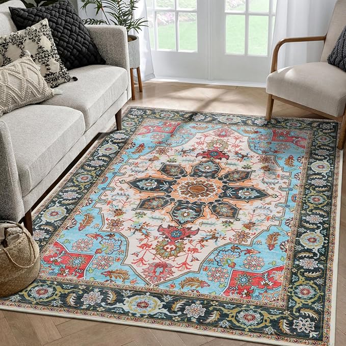 WILLSUN Washable Area Rugs, 4x6 Non-Slip Boho Large Area Rugs for Living Room, Bedroom, Machine Washable Vintage Rug, Indoor Floral Print Carpet for Home Decor, Kid & Pet Friendly Mat