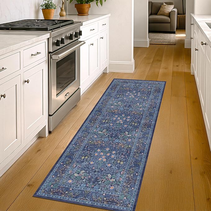 Non Slip 2x7 Dark Blue Hallway Runner - Long Runner Rugs for Bathroom, Washable Kitchen Floor Mat, Bedroom Bedside - Dusky Navy Vintage Floral Décor
