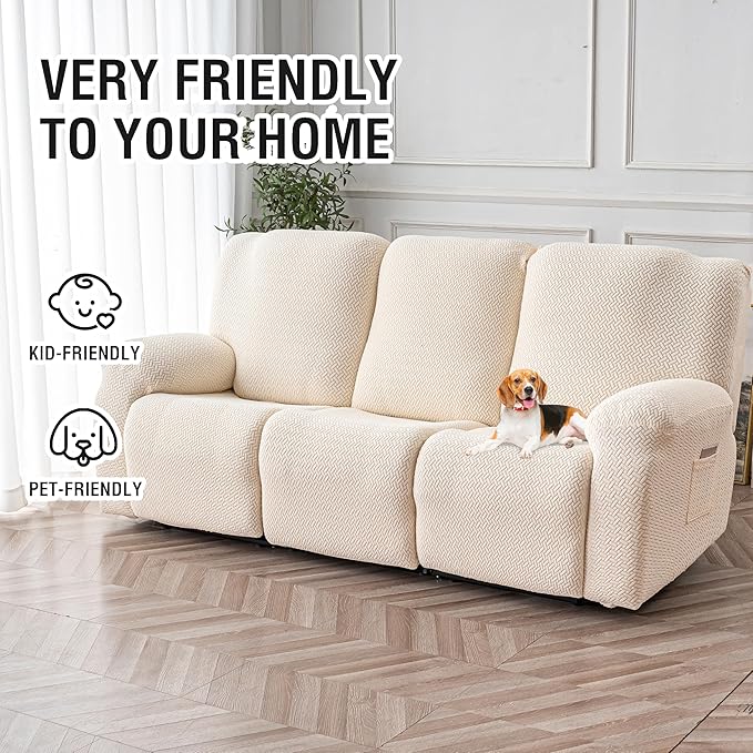 Genina Recliner Sofa Cover Stretch Couch Covers, Sofa Slipcover for Reclining Couch Thick Jacquard Furniture Protector Washable (Beige, 3 Seat)