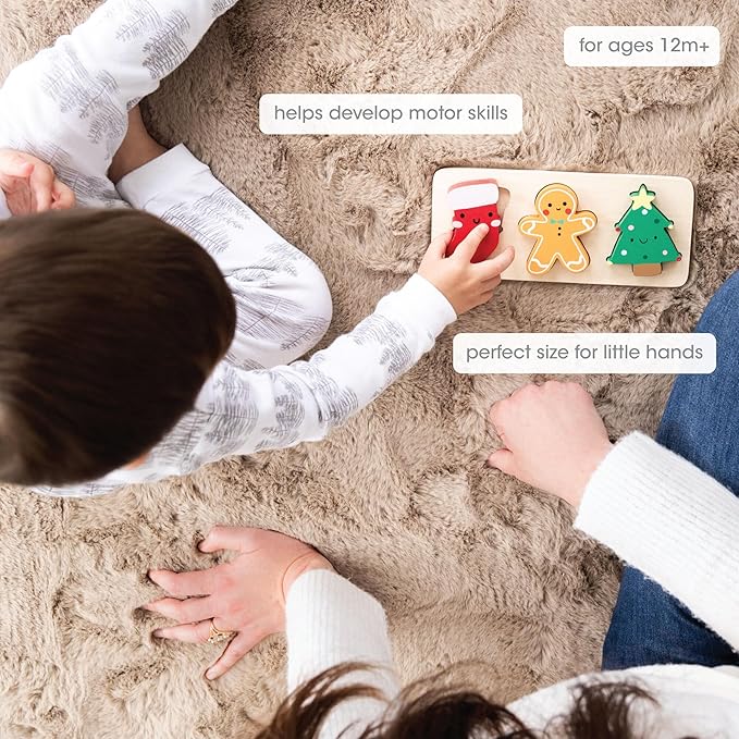 Pearhead 3 Piece Wooden Holiday Puzzle, Kids Christmas Toy, Puzzle Stocking Stuffer, Christmas Toys for Children, Holiday Toy Ideas, 3 Piece Set