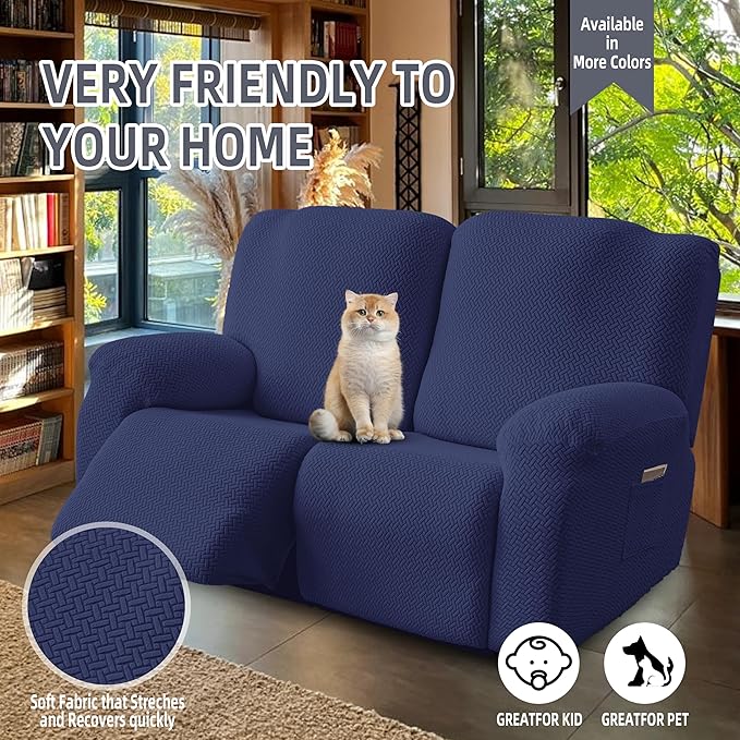 Genina Recliner Loveseat Covers, Stretch Reclining Sofa Covers, 2 Seater Couch Cushion Stripe Jacquard Recliner Slipcovers - Furniture Protector Covers for Pet Kid (Navy Blue)