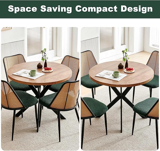 NORDICANA Dining Table Set for 4, Wooden Round Table and Wicker Chairs, 5-Piece Modern Kitchen Dinette Set for Breakfast Nook, Green Boucle Seat