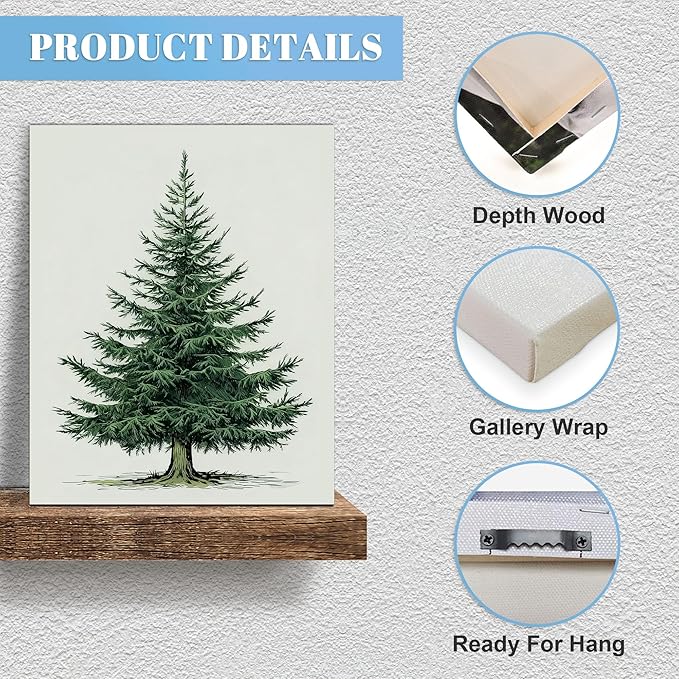 Framed Christmas Pictures Wall Decor,Vintage Pine Tree Prints,Winter Christmas Canvas Wall Art Decoration for Bedroom Bathroom Living Room Rustic Xmas Holiday Gifts (Christmas Tree 5, 16'' X 20'')