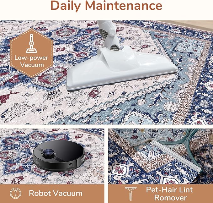 OPPODREAM Thin Entryway Rug 2x10, 2x10 Rug Runner, Washable Hallways Carpet 2 x 10 with Non Slip Backing, Low-Pile Bedside Carpet 2 x 10, Long, Faux Cashmere, Navy Blue & Red & Cream