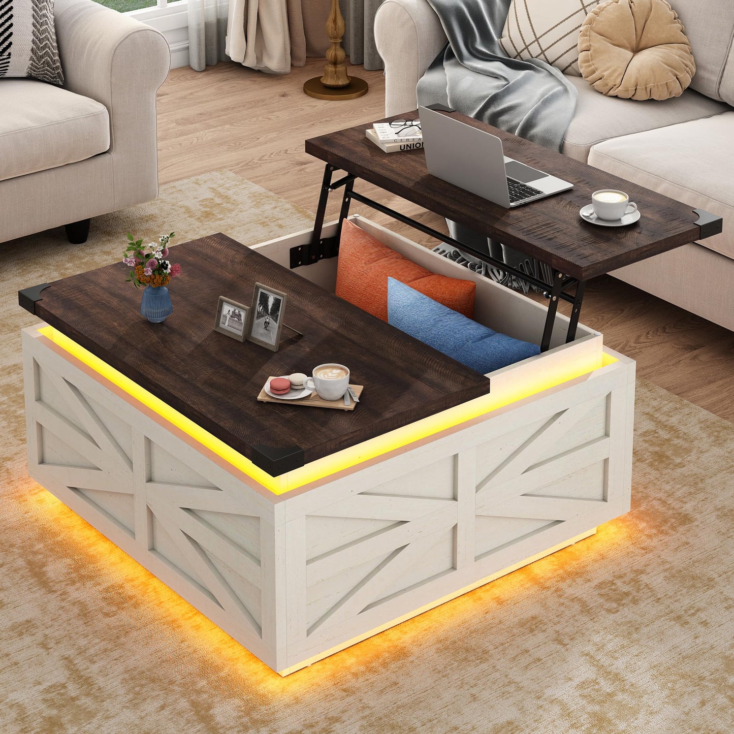 Large Farmhouse Lift Top Coffee Table with Hidden Storage Compartment, Wood Square Center Table with Charging Station&USB Ports for Living Room, White