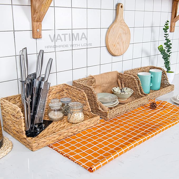 VATIMA Water Hyacinth Storage Baskets with Large Open-Front for Kitchen, Decorative for Living Room, 13.4” x 9.5” x 5.5”, 2 Pack