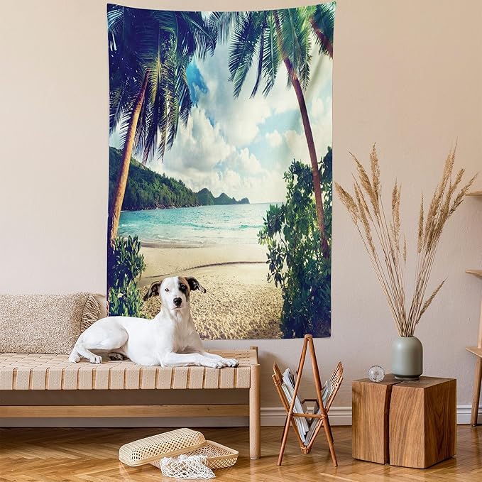 Ambesonne Palm Tree Tapestry, Summer Beach Vintage Style Tropical Sunset Picture Print, Fabric Wall Hanging Decor for Bedroom Living Room Dorm, 23" X 28", Dark Green Sand Brown