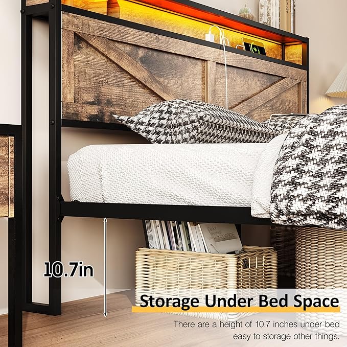 Vabches Full Size Bed Frame with Headboard and Charging Station, Brown Platform Bed Frame with Led Light, No Box Spring Needed, Noise Free Farmhouse Bedroom Set