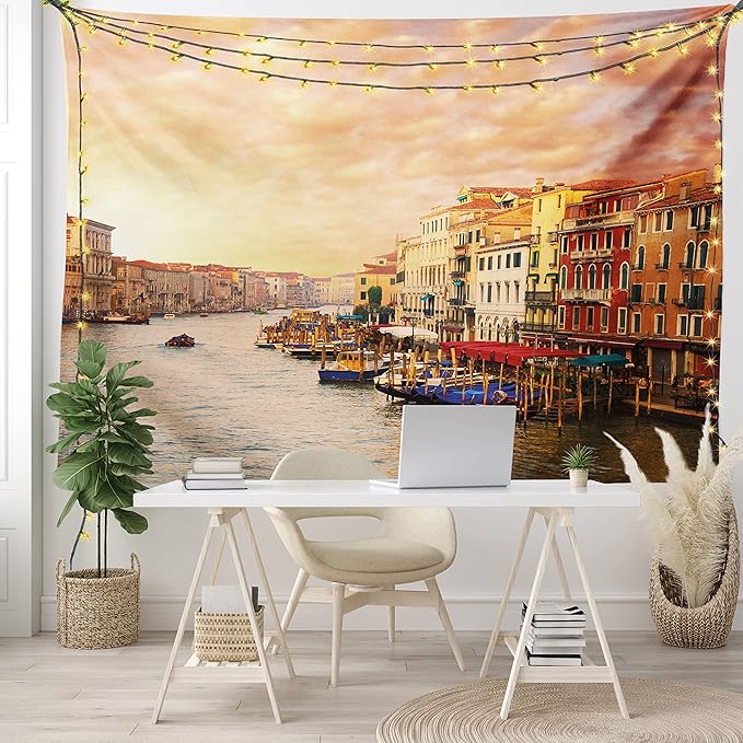 Ambesonne Scenery Tapestry, Venezia City Italian Landscape with Old Houses Gondollas and Spikes Image, Fabric Wall Hanging Decor for Bedroom Living Room Dorm, 45" X 30", Orange Yellow
