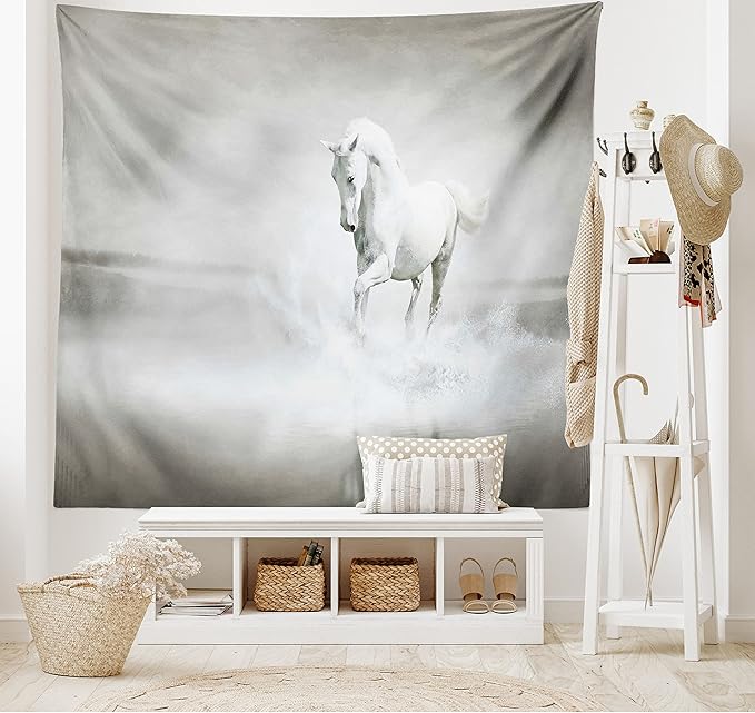 Ambesonne Horses Tapestry King Size, Wild Horse Running Through Water Dramatic for the Motivation of Life Art, Wall Hanging Bedspread Bed Cover Wall Decor, 104" X 88", Black and White