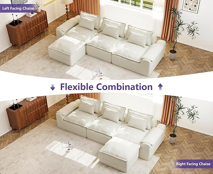 Hobestluk 120" Cloud Modular Sectional Couch 3-Seater Sofa with Ottoman L Shaped Sofa with Removable Cover Large Sofa Couch for Living Room (Beige, 3-Seater Sofa with One Ottoman)