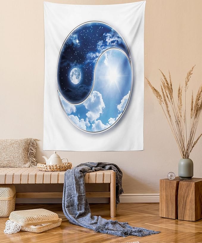 Ambesonne Space Tapestry, Yin Yang World Moon and Sun Harmony of the Universe Art Print, Wall Hanging for Bedroom Living Room Dorm Decor, 60" X 80", Navy Blue Sky Blue White