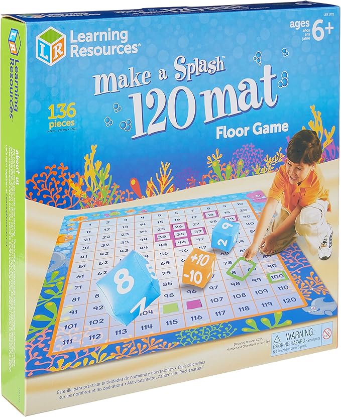 Learning Resources Make a Splash 120 Mat Floor Game - Math Manipulatives, Addition and Subtraction Board Games , Classroom Must Haves, Homeschool Supplies, Montessori Gifts for Boys and Girls
