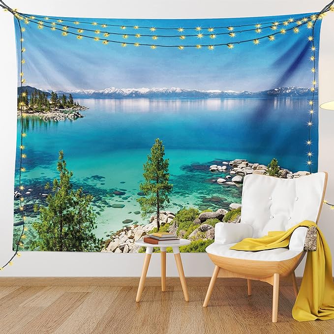 Ambesonne Blue Tapestry King Size, Tranquil View of Lake Tahoe Sierra Pines on Rocks with Turquoise Waters Shoreline, Wall Hanging Bedspread Bed Cover Wall Decor, 104" X 88", Blue Grey Green