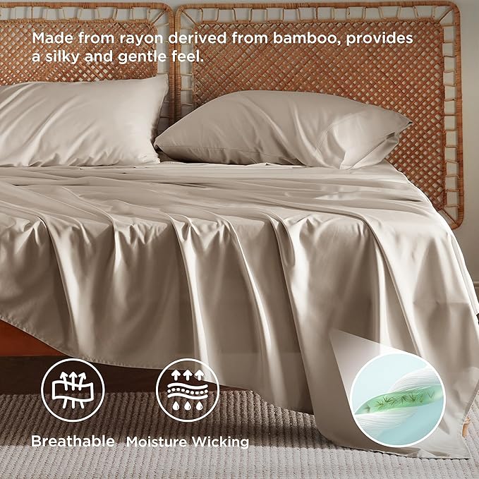 Bedsure California King Sheet Sets, Cooling Sheets, Rayon Derived from Bamboo, Deep Pocket Up to 16", Breathable & Soft Bed Sheets, Hotel Luxury Silky Bedding Sheets & Pillowcases, Simply Taupe
