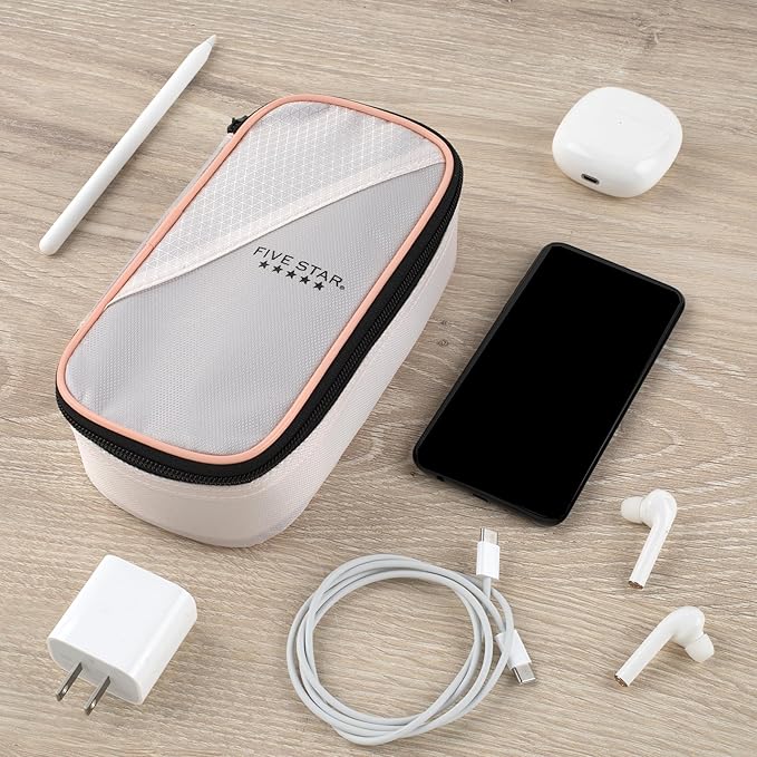 Five Star Pencil Pouch Zipper High-Capacity Storage Organizer Case for Office Supplies Earbuds Chargers Cables Makeup, Tan/Pink (500212C)
