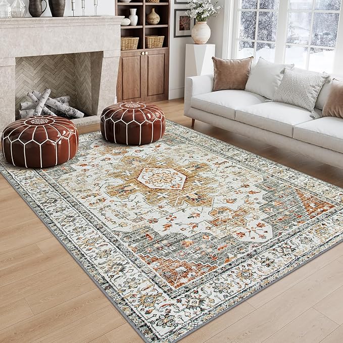 Moynesa Ultra-Thin Vintage Area Rug 6x9, Large Living Room Rugs for Bedroom Aesthetic, Washable Carpet for Under Dining Room Table, Oriental Medallion Printed Low Pile Mat for Office Playroom Dorm