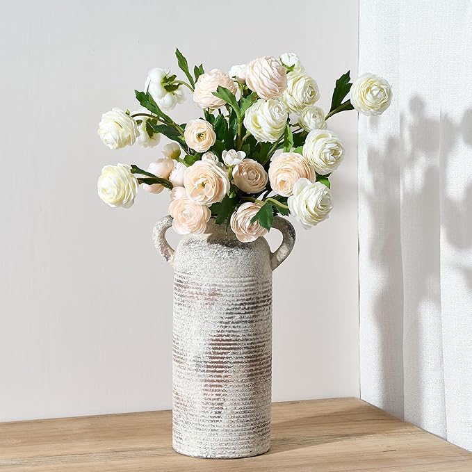 PORCER Ceramic Rustic Vase for Home Decor, Terracotta Vase with Handles, Handcrafted Vintage Decorative Flower Vase for Farmhouse, Living Room, Table, Fireplace, Nightstand