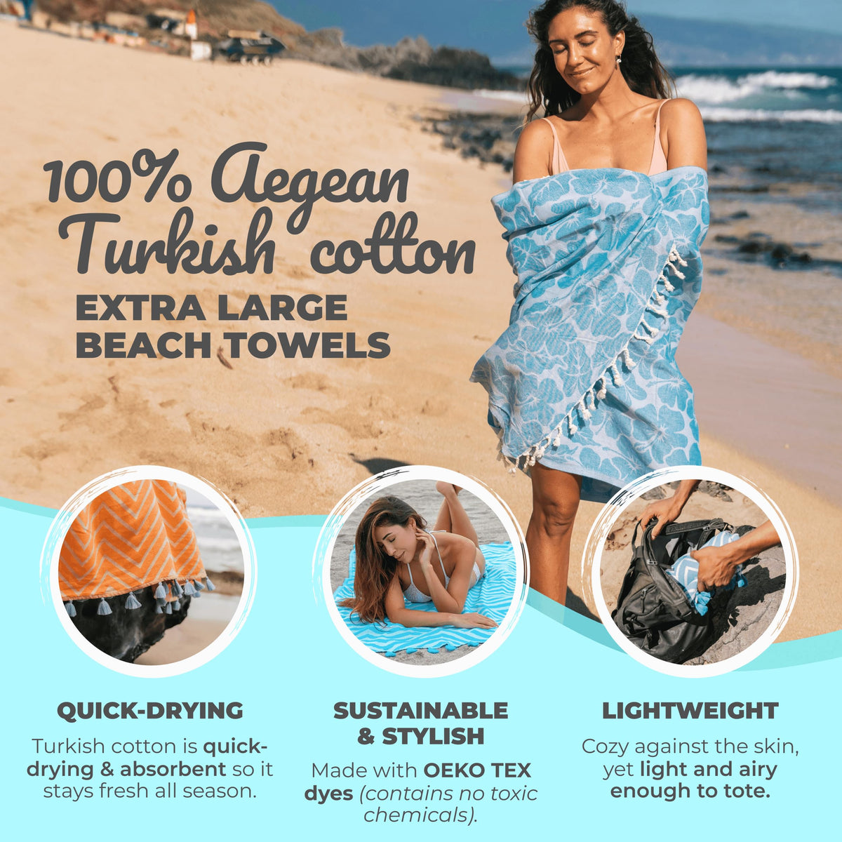 Nova Blue Hibiscus Turkish Beach Towel (35 X 67) - Oversize Sandproof, 100% Turkish Cotton, Quick Drying With Unique Designs