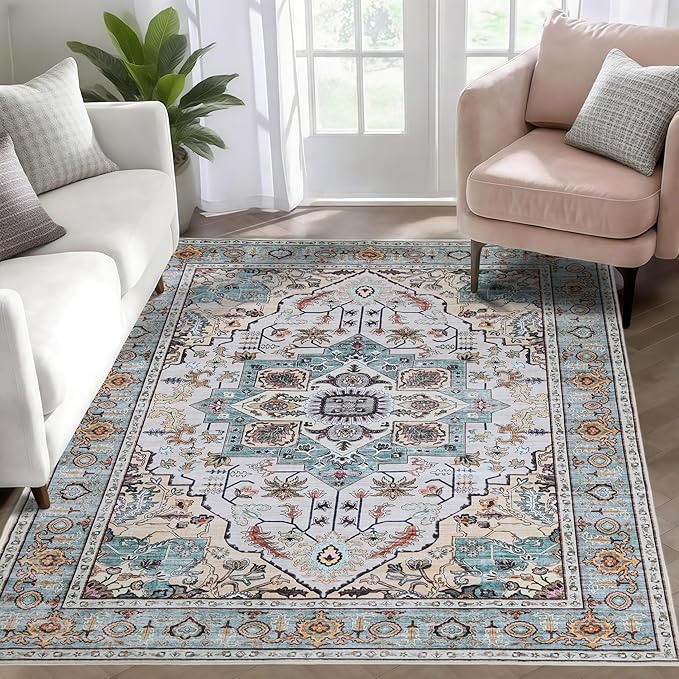 WILLSUN Washable Area Rugs, 4x6 Non-Slip Boho Large Area Rugs for Living Room, Bedroom, Machine Washable Vintage Rug, Indoor Floral Print Carpet for Home Decor, Kid & Pet Friendly Mat