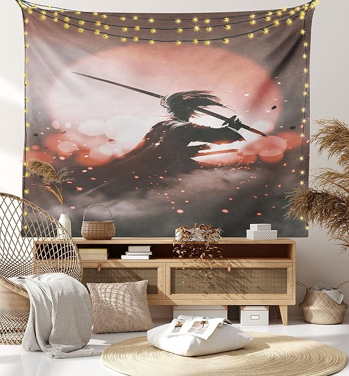 Ambesonne Japanese Tapestry, Reflection of Samurai Practicing Sunset Background Free from Death Concept, Fabric Wall Hanging Decor for Bedroom Living Room Dorm, 45" X 30", Salmon Umber