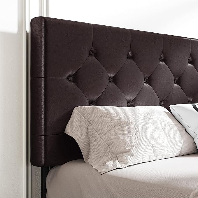 MUTICOR Full Size Bed Frame with 4 Storage Drawers, Upholstered Platform Bed with Button Tufted Adjustable Headboard, No Box Spring Needed, Easy Assembly, Diamond Tufted, Brown Leather