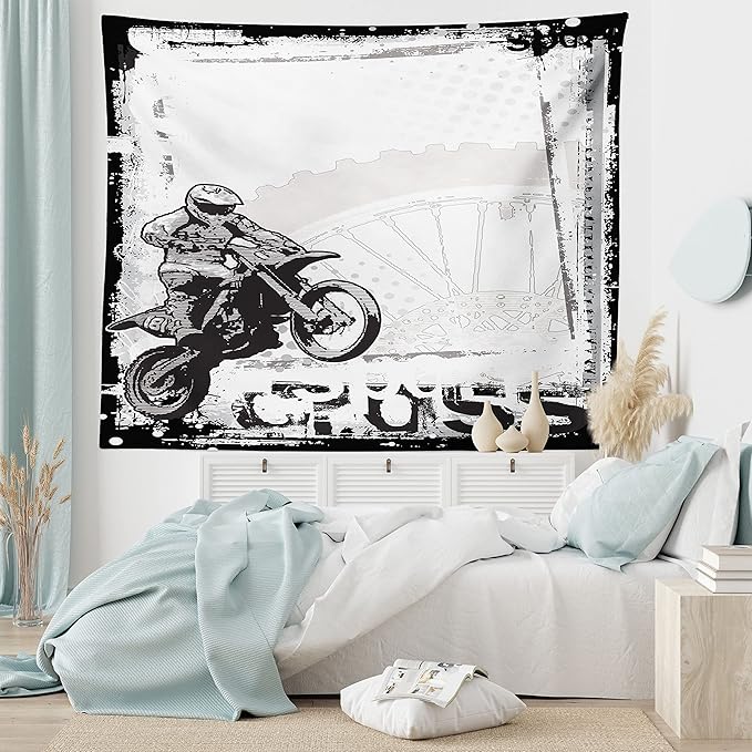 Ambesonne Motorcycle Tapestry, Motocross Racer Image Grungy Background Poster Style Monochromic Art Print, Fabric Wall Hanging Decor for Bedroom Living Room Dorm, 45" X 30", Black White