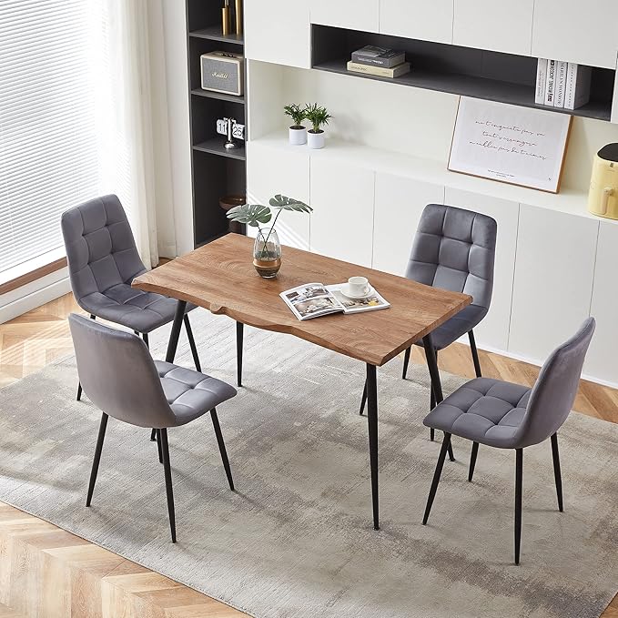 NORDICANA 5-Piece Dining Table Set, 47 in Modern Irregular Rectangle Kitchen Table & 4 Grey Velvet Upholstery Side Chairs, Metal Legs, Dining Room Set for 4
