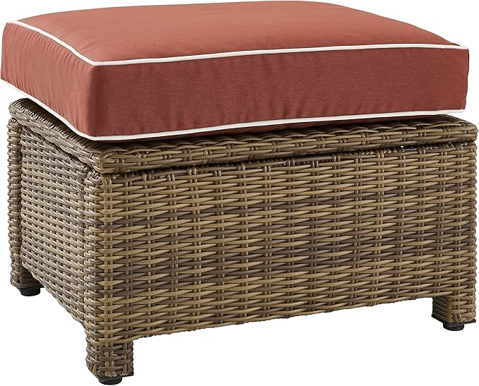 Crosley Furniture Bradenton Wicker Outdoor Ottoman Foot Rest for Patio, Deck, Porch, Brown with Sangria Cushions