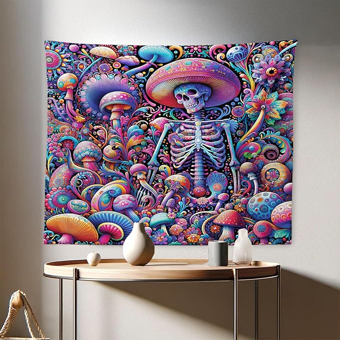 Ambesonne Trippy Tapestry, Rave Tone Psychedelic Skeleton Mushroom Huddles Psychedelic Jungle, Fabric Wall Hanging Decor for Bedroom Living Room Dorm, 28" X 23", Magenta Indigo Multicolor