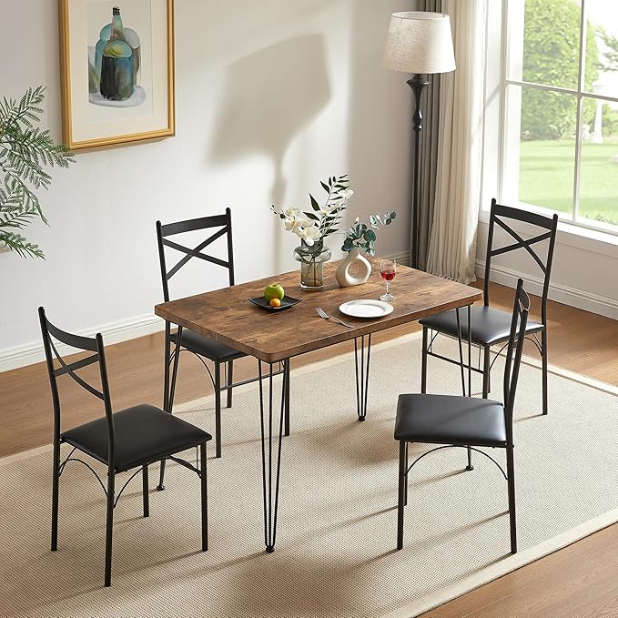 VECELO 5-Piece Dining Table Set for Home Kitchen Small Space Breakfast Nook, 4 Faux Leather Metal Frame Chairs, Retro Brown,Set for 4