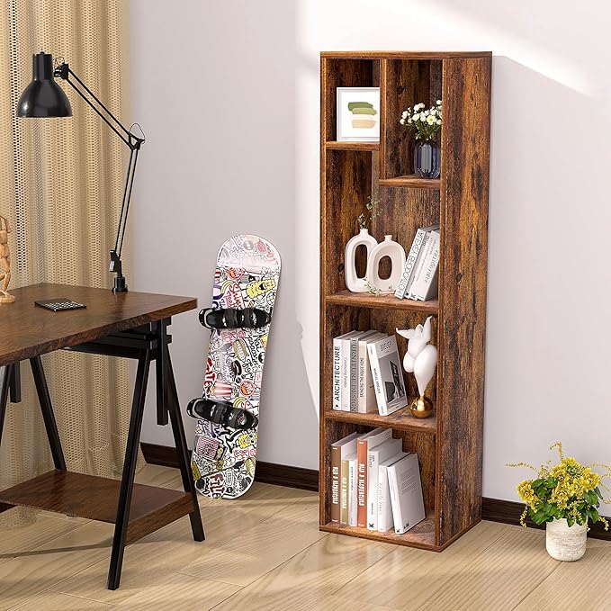 VECELO Small Bookshelf, 5 Cube Slim Bookcase, Fits Tallest Hardcovers, Horizontal Available, Modern Floor Standing Unit, Each Shelf Hold Up to 66 LBS,Brown