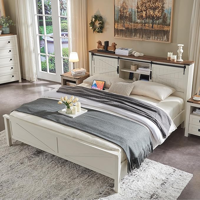 RedLemon Farmhouse Queen Size Bed Frame with Bookcase Headboard, Sliding Barn Door, Storage Cabinet, Charging Station, Wood Slats Support, No Box Spring Needed, Antique White