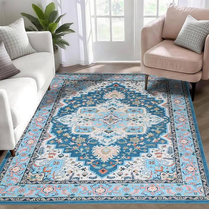 WILLSUN Washable Area Rugs, 3x5 Non-Slip Boho Large Area Rugs for Living Room, Bedroom, Machine Washable Vintage Rug, Indoor Floral Print Carpet for Home Decor, Kid & Pet Friendly Mat