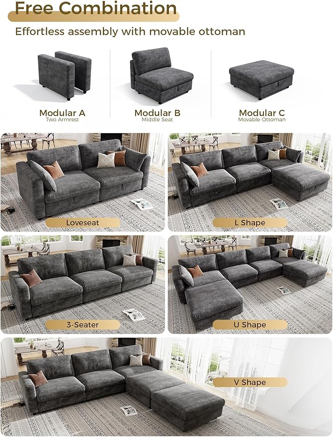 KKL Modular Sectional Couches for Living Room, Chenille 5 Seater Sofa Couch with Adjustable Backrest, Sofa Couch with Comfy Cushion, Dark Grey