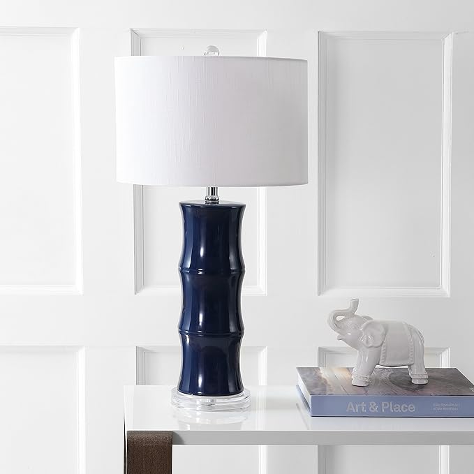 JONATHAN Y 26.5" Navy Blue Ceramic Table Lamp for Living Room, Bedroom Nightstand, White Linen Drum Shade, Bamboo Design Modern Bedside Desk Lamp with LED Bulb Included JYL3015A