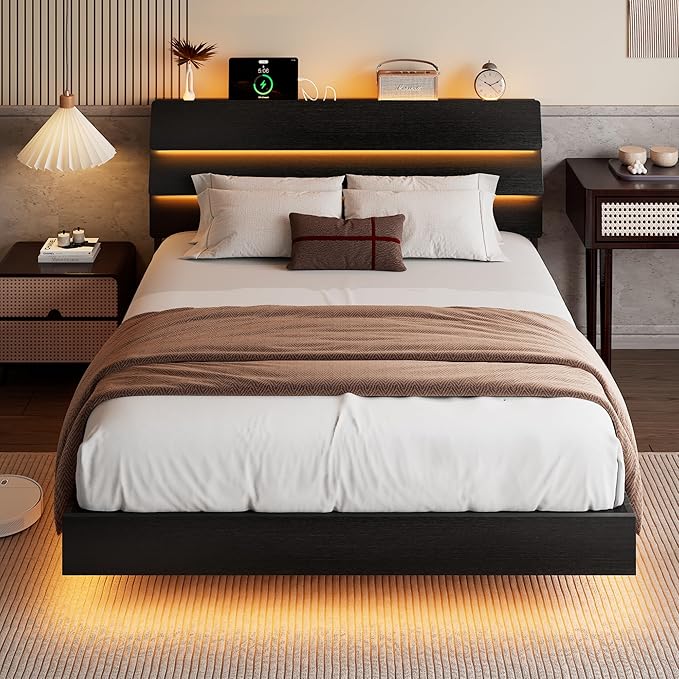 Floating Bed Frame Queen Size with Led Headboard and Charging Station, Metal Platform Bed Base with Storage, Remote Control, Heavy Slats Support, No Box Spring Needed, Noise Free, Black