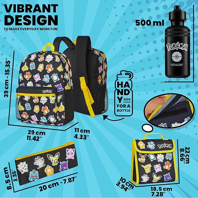 Pokemon Backpack Set 4 Pcs for Kids with Backpack Water Bottle Pencil Case Lunch Bag or Wallet Anime School Supplies Gifts (Black/Multi)