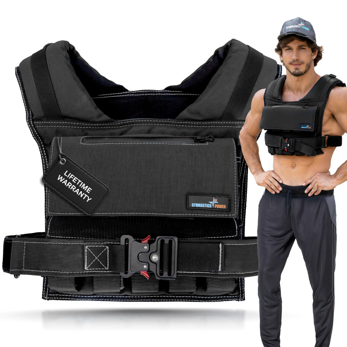 Gymnastics Power - Weighted Vest 6lb, 10lb, 12lb, 25lb, 35lb, 45lb, 60lb Removable Iron Weights for Men and Women Workout for Calisthenics and Fitness Sport Training (45 LB - Black)