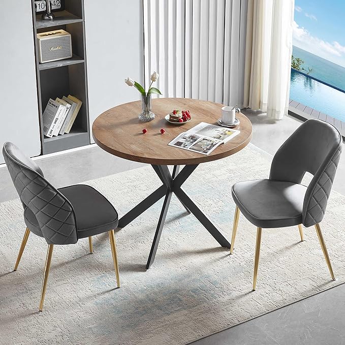 NORDICANA 3-Piece Dining Table Set for 2 - Space Saving 37-Inch Round Table and Chairs, 2 Seaters Dining Set with Upholstered Dining Chairs (Grey)