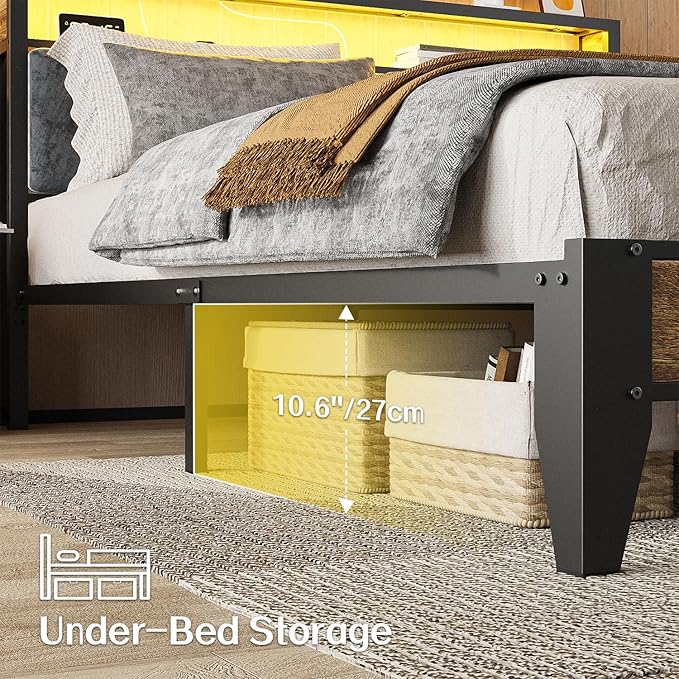 OLEVS Queen Bed Frame Metal Platform Bed Queen Size with 2-Tier Storage & LED Light Headboard, Charging Station Type C, No Box Spring Needed