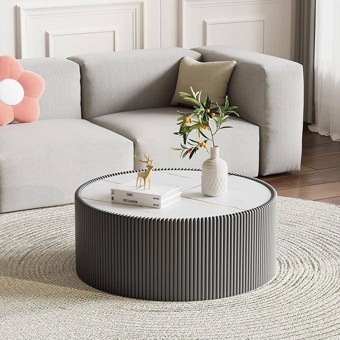 Grey Round Coffee Table with Sintered Stone Tabletop, 29.52" Drum Coffee Table with Fluted PU Leather Covered and Stable Base, Circle Cocktail Tea Table for Living Room