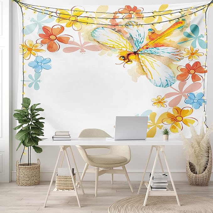 Ambesonne Dragonfly Tapestry King Size, Abstract Grunge Vintage Design Moth Spring Flowers Floral Frame Art Print, Wall Hanging Bedspread Bed Cover Wall Decor, 104" X 88", Yellow Orange