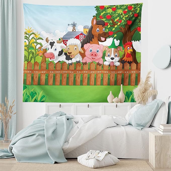 Ambesonne Cartoon Tapestry King Size, Composition Farm Animals on Fence Comic Mascots Dog Cow Horse Design, Wall Hanging Bedspread Bed Cover Wall Decor, 104" X 88", Green Multicolor